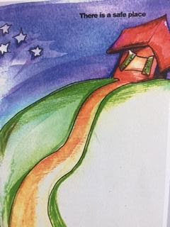 Watercolor painting of a house on a hill with stars in the sky.
