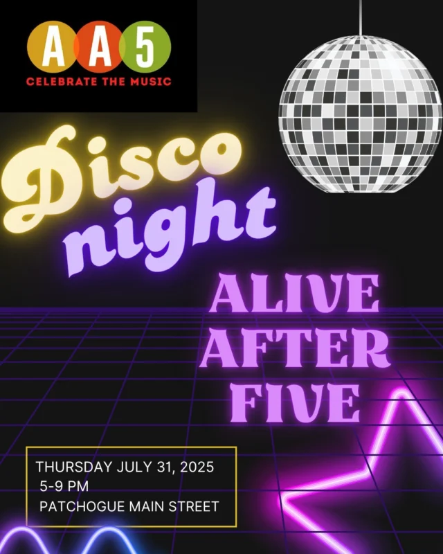 🎉 Join Us at Alive After Five! 🎉⁠
⁠
We’re excited to be part of Patchogue’s Alive After Five summer street festival, a beloved Long Island tradition that brings 20,000+ people downtown for food, music, art, and community fun! Look for The Retreat’s table. We’ll be sharing resources and talking about how we support survivors and build safer communities.⁠
⁠
📍 Join us on July 31 (Disco Night themed!) and August 14⁠
🕔 From 5PM to 9PM. More info: https://patchogue.com/alive-after-five